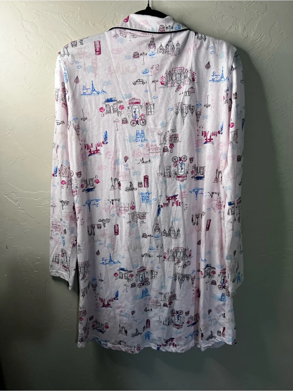 Laura Ashley Pink Global City Print Knit Button Down Lounge Comfy Sleep Shirt